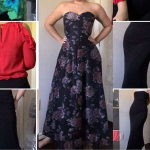 Black Floral Strappless MIDI Dress